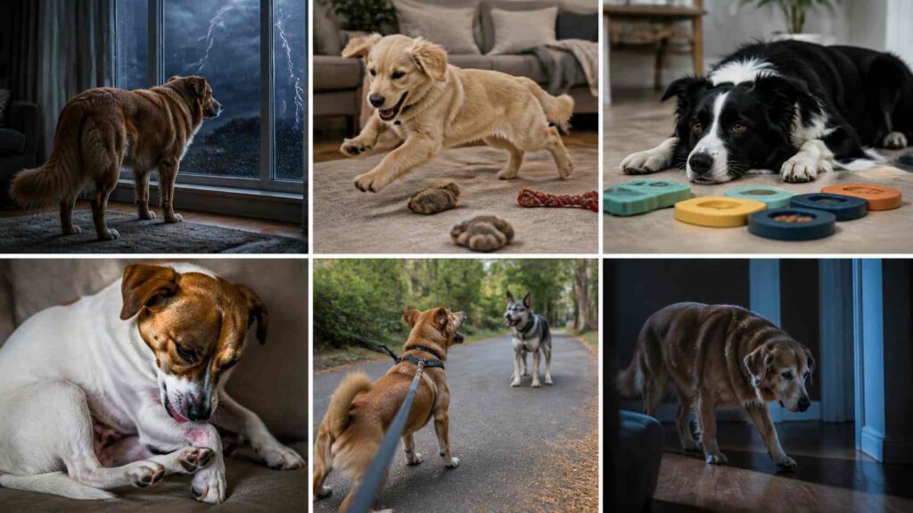 Different dogs showing anxiety, overtiredness, boredom, skin irritation, leash reactivity and senior cognitive changes that can resemble ADHD-like behaviour.