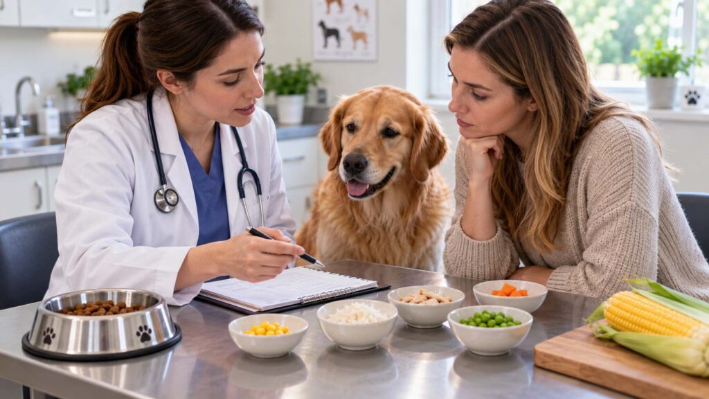 Veterinarian discussing a dog's diet and possible reaction to sweetcorn with the owner