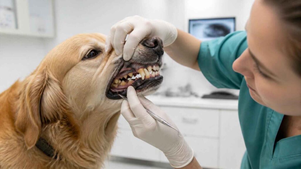 Veterinarian examining a dog’s teeth and gums during a dental health checkup.