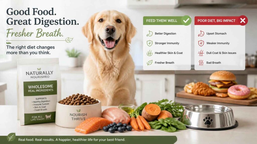 Healthy dog sitting beside nutritious dog food and fresh ingredients in a kitchen.