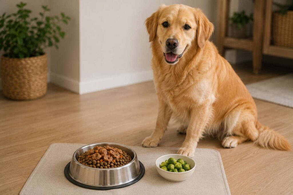 Complete dog meal beside a small portion of plain cooked Brussels sprouts as an optional extra