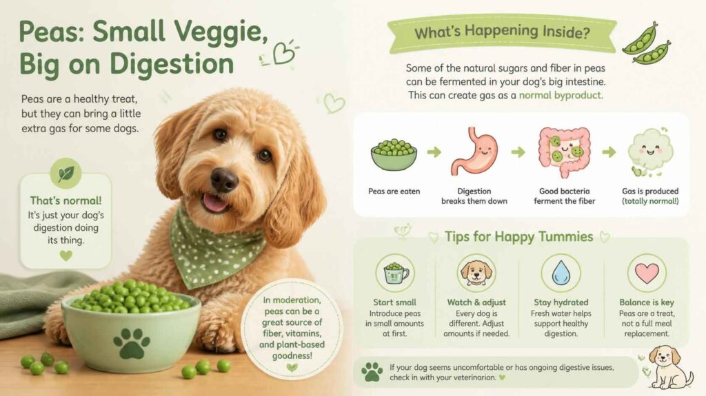 Dog beside a bowl of peas with digestive-themed visuals related to gas and stomach comfort