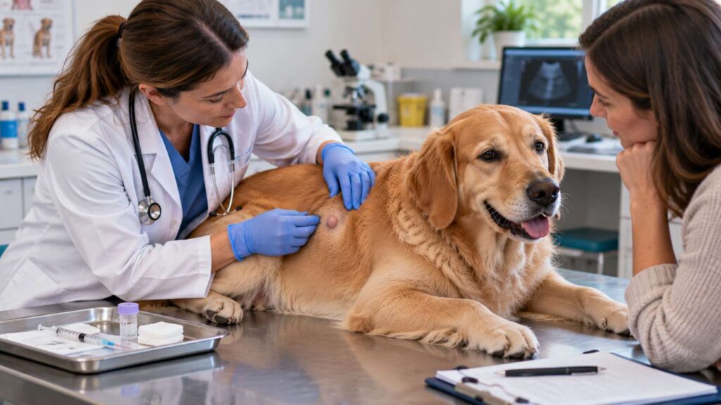 Veterinarian examining a small lump on a calm dog while discussing assessment and treatment options with the owner