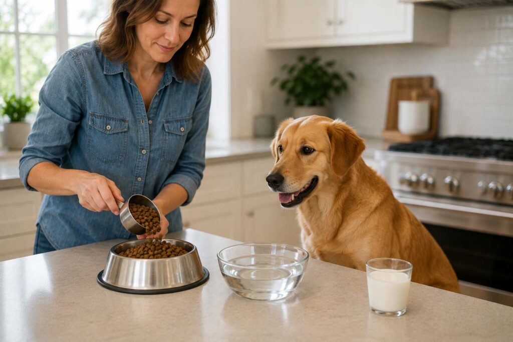 Healthy adult dog beside complete dog food and fresh water with a small glass of milk kept separately.