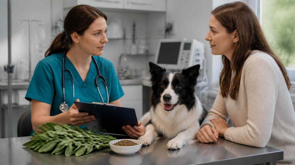 Veterinarian discussing fresh culinary sage with a dog owner during a routine health consultation.