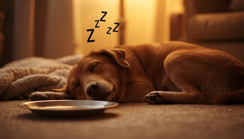 Sleeping dog resting after eating turkey meal