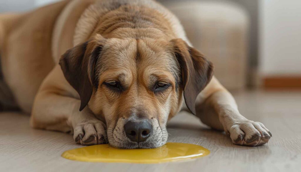 Sick dog vomiting yellow liquid indoors while looking tired and uncomfortable