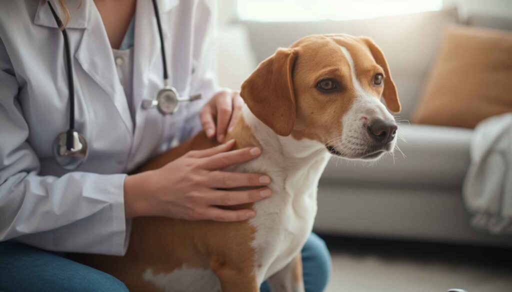Dog owner checking a small lump on a dog’s side at home.