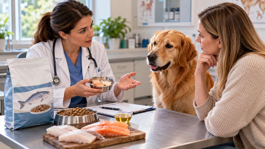 Veterinarian discussing a dog's individual diet and fish-based foods with an owner