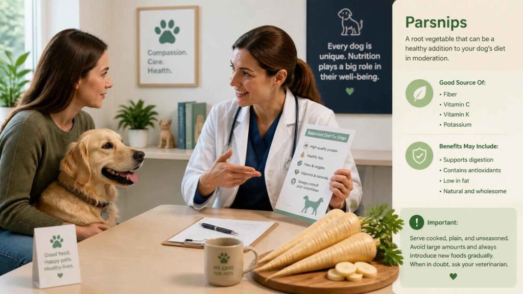 Dog owner discussing dietary concerns about parsnips with a veterinarian