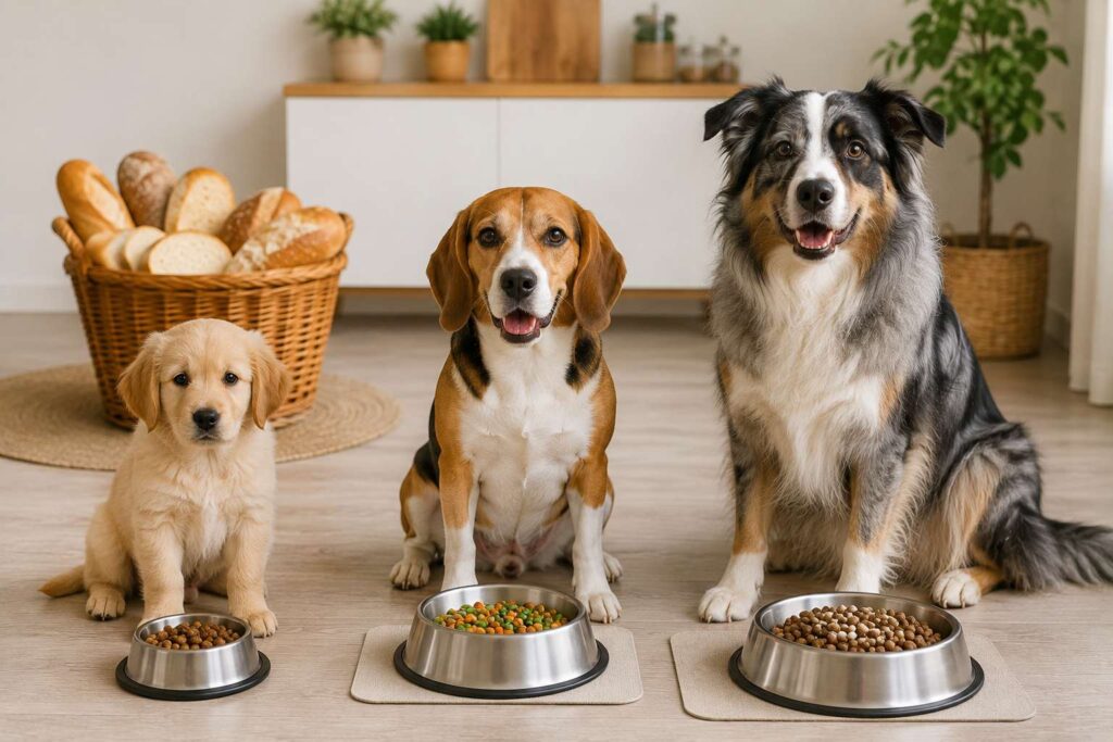 Puppy and adult dogs beside measured balanced meals with bread kept separately