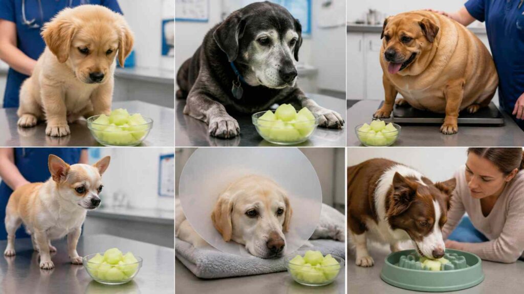 Puppy, senior dog, overweight dog, Chihuahua, recovering dog, and fast-eating dog shown with carefully prepared honeydew pieces