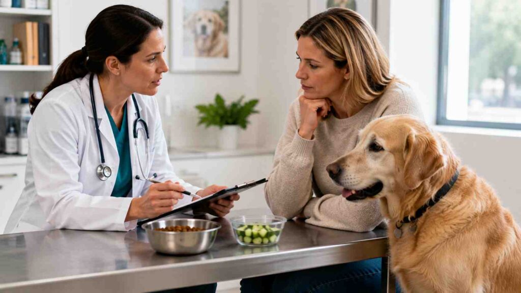 Veterinarian discussing cucumber treats and diet with a senior dog's owner.
