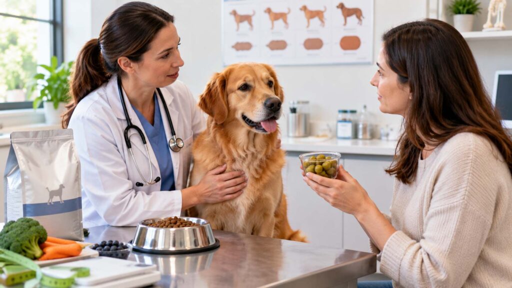 Veterinarian discussing olives and diet with a dog owner during a clinic visit