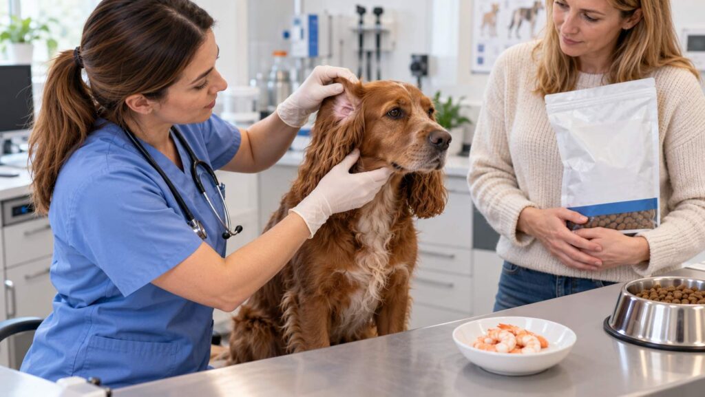 Veterinarian examining a Spaniel's skin while discussing a prescription diet and possible food allergies.