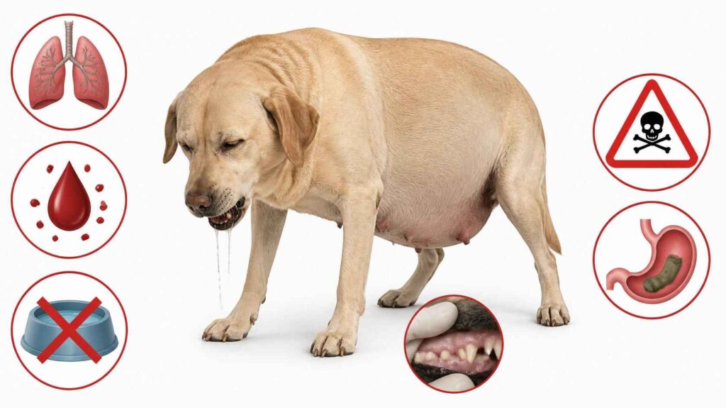 Emergency warning signs in a dog throwing up clear liquid including bloating, repeated retching, weakness, and breathing difficulty.