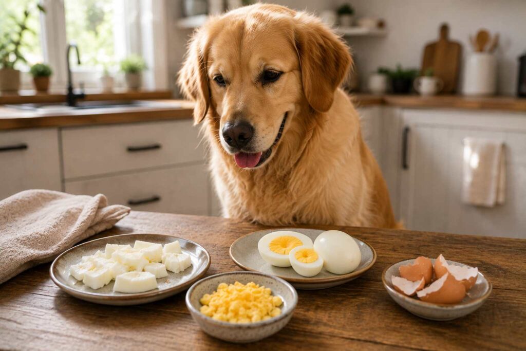 Cooked egg white, yolk, whole egg, and eggshell displayed separately beside a dog