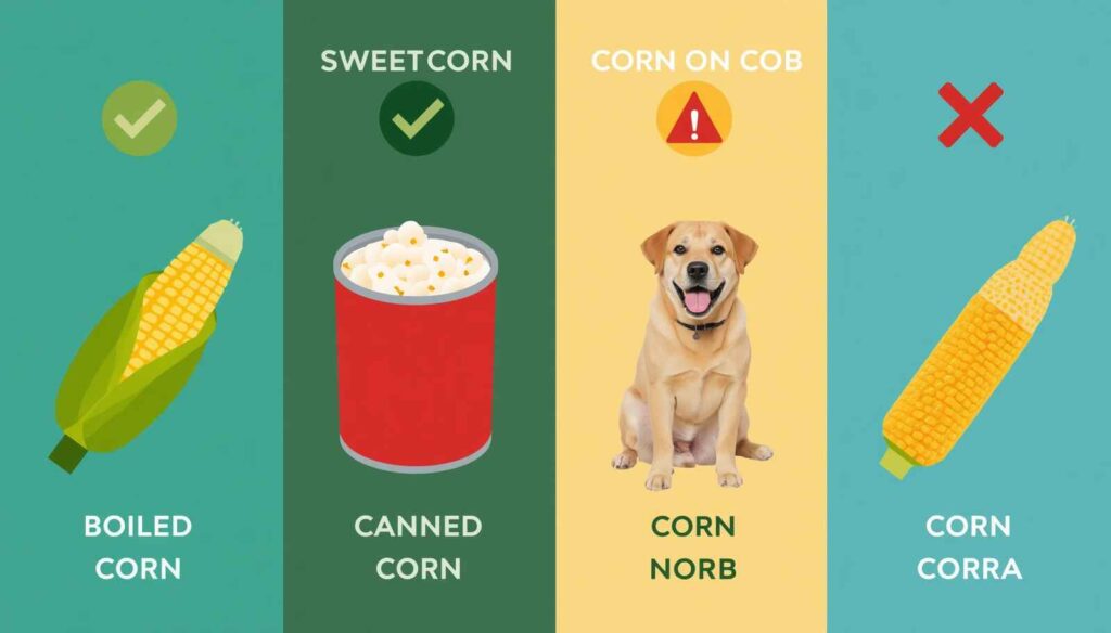 Different sweetcorn types including boiled corn, canned corn, popcorn, and corn on the cob with safety indicators for dogs