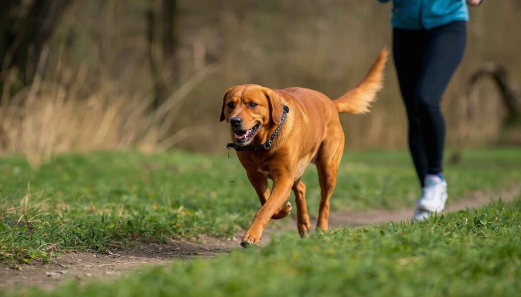 Active Fox Red Labrador running outdoors while exercising in a park