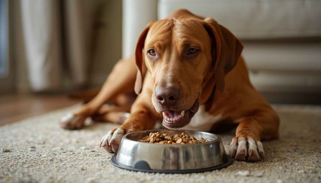 Senior Rhodesian Ridgeback eating healthy senior dog food indoors