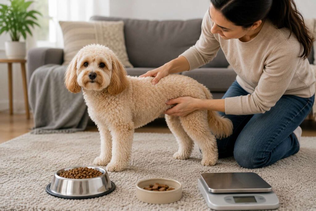 Owner checking a Cavapoochon's body condition beside a measured portion of dog food and treats