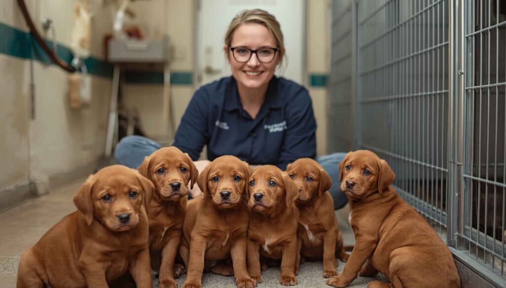 Responsible breeder caring for healthy Fox Red Labrador puppies in a clean environment