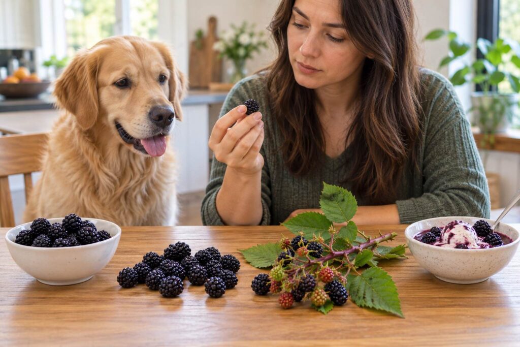 Dog owner comparing plain blackberries, wild blackberries, and blackberry-flavoured foods before deciding if they are safe for a dog