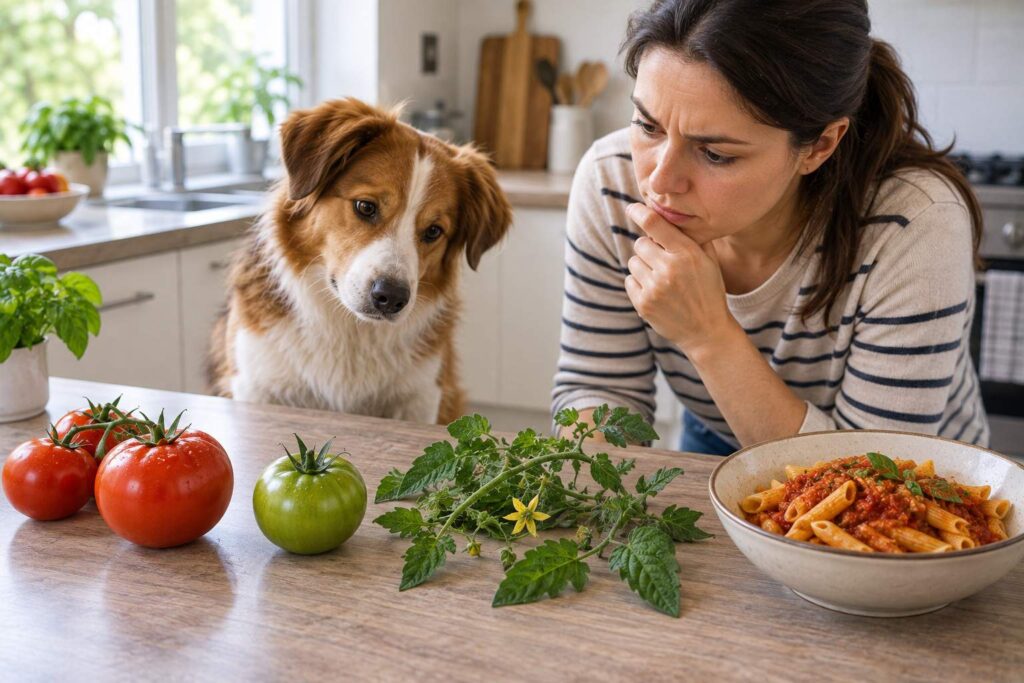 Dog owner comparing ripe tomato, green tomato, tomato plant material and tomato-based food after a possible ingestion