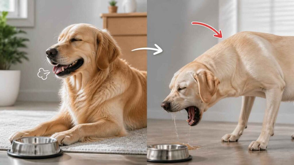 Can Dogs Burp? Comparison of a normal dog burp versus gagging or retching in dogs.