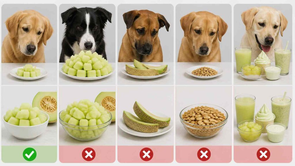 Can Dogs Eat Honeydew Melon? Comparison showing honeydew flesh, rind, seeds, and processed honeydew products to help owners identify safe and unsafe parts for dogs.