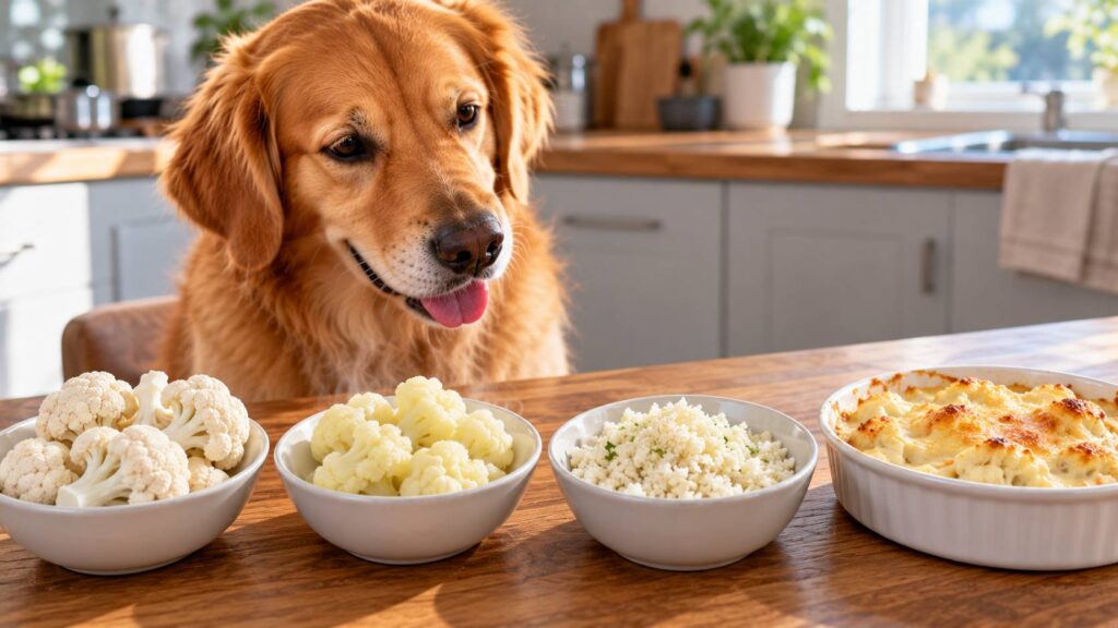 Golden retriever beside bowls of raw cauliflower, steamed cauliflower, cauliflower rice and cauliflower cheese.