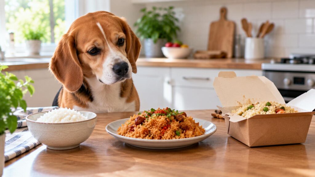 Beagle beside plain boiled rice, seasoned rice and a takeaway rice container
