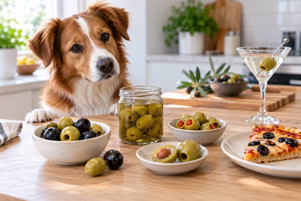 Dog beside plain, brined, stuffed, pitted and cocktail olives on a kitchen table