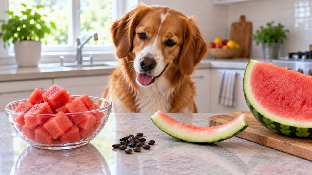 Dog looking at watermelon flesh, seeds and rind arranged separately on a kitchen counter