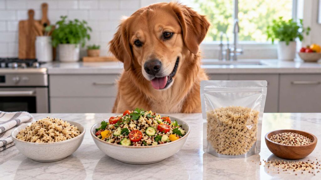 Dog beside plain cooked quinoa, quinoa salad, packaged quinoa and dry quinoa