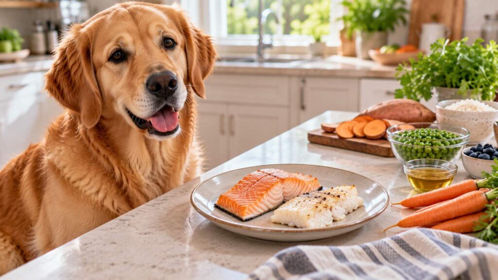 Healthy dog beside a modest serving of plain cooked salmon and white fish