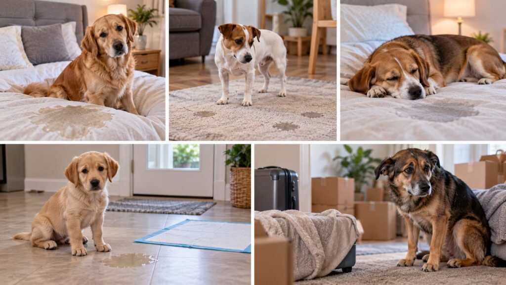 Different dog bed-wetting situations showing small spots, a large accident, sleep leakage and puppy accidents
