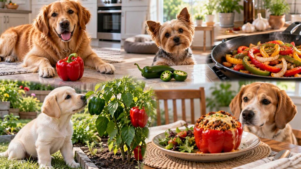 Different dog pepper situations including bell pepper, jalapeño, fajitas, stuffed pepper and pepper plant