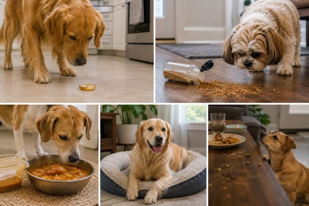 Five realistic situations showing dogs exposed to cooked onion, seasoning, curry and onion-containing leftovers.