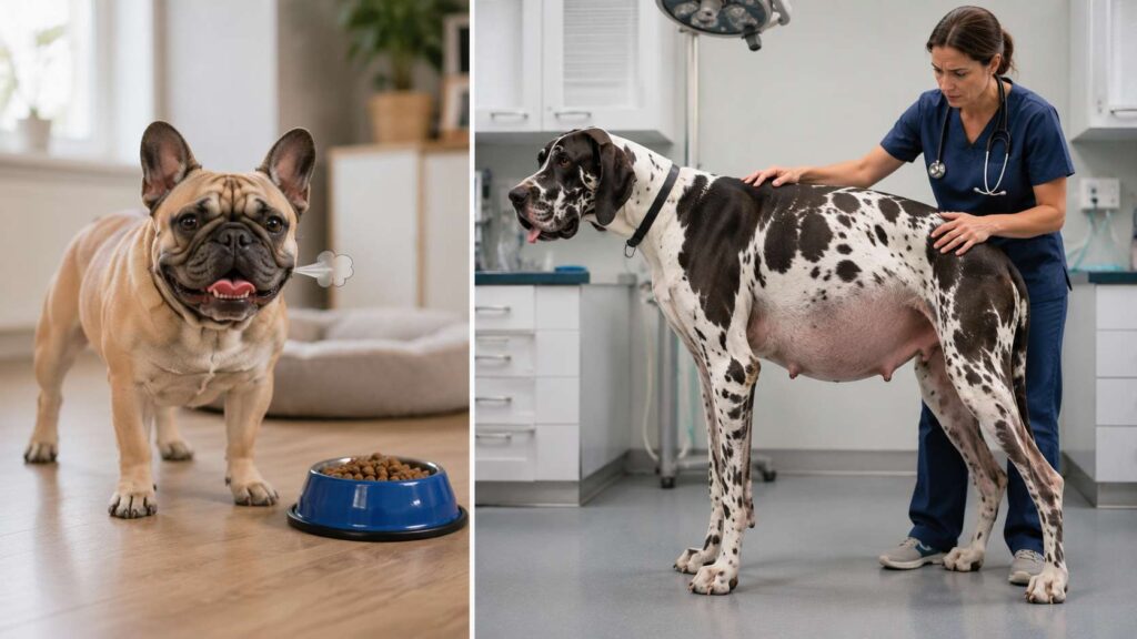 French Bulldog and Great Dane illustrating breed-specific burping and bloat risks.