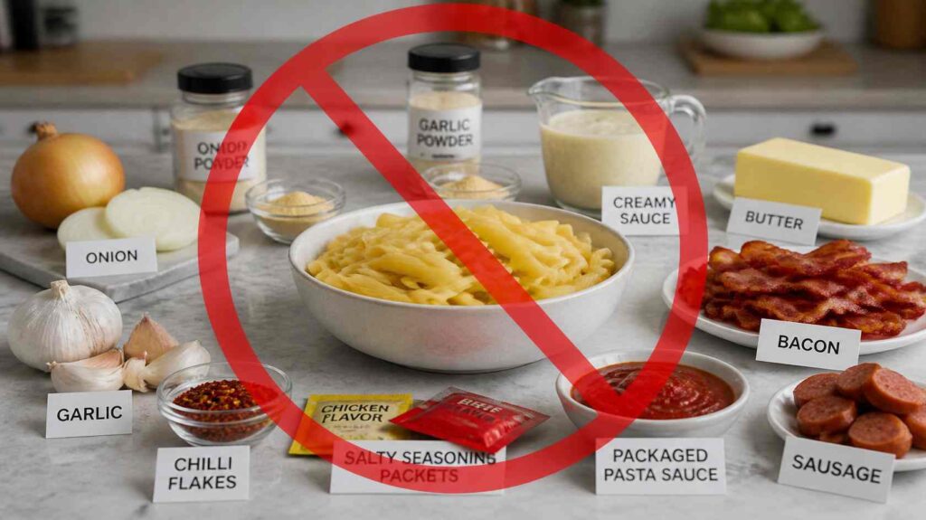 Common pasta ingredients like garlic, onion and creamy sauce that are unsafe for dogs
