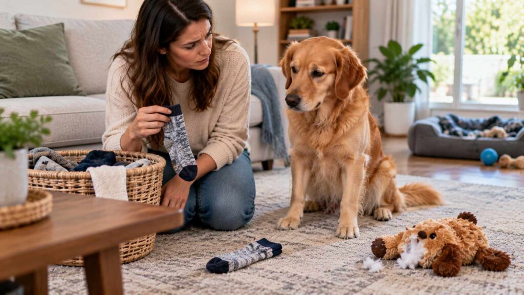 Concerned owner noticing a missing sock and damaged toy near a dog at home