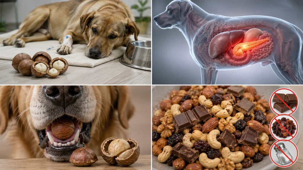 Veterinary illustration showing four different health risks nuts can pose to dogs, including toxicity, pancreatitis, choking, and hidden ingredients