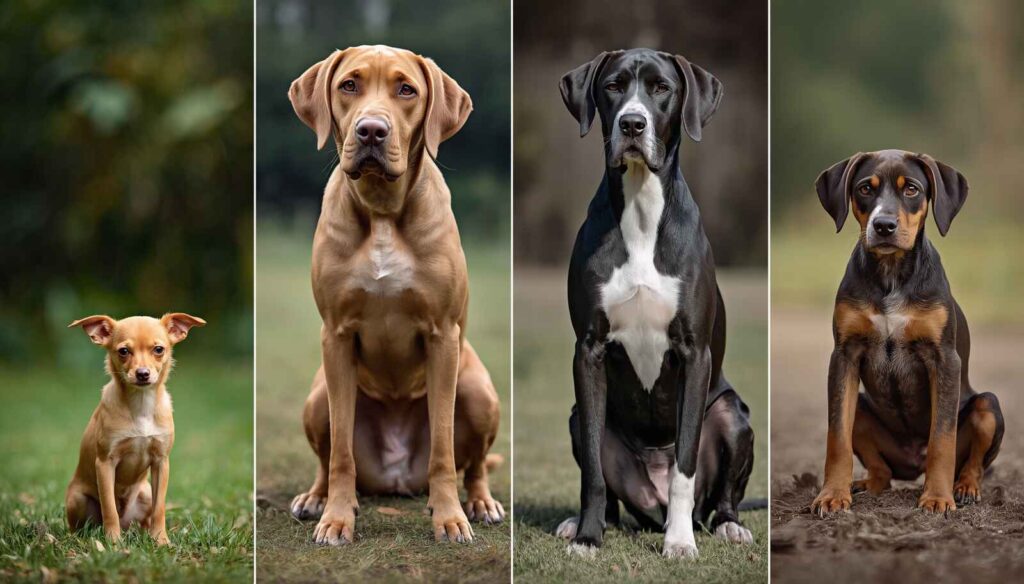 Chihuahua, Labrador, Great Dane and mixed-breed puppy showing different dog growth timelines