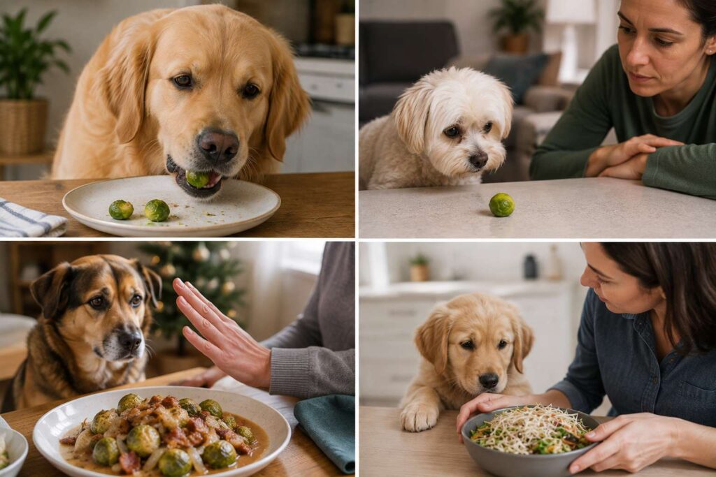 Four dog feeding situations involving plain Brussels sprouts, whole sprouts, seasoned sprouts and raw mung-bean sprouts