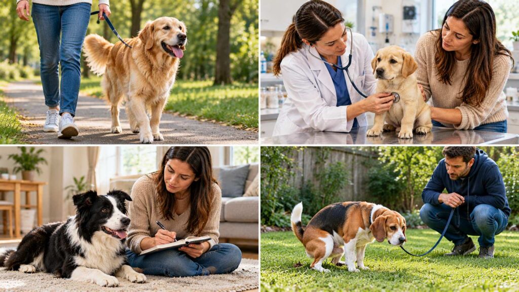 Four-panel illustration showing a healthy adult dog, a puppy at the vet, a monitored dog and a straining Beagle.