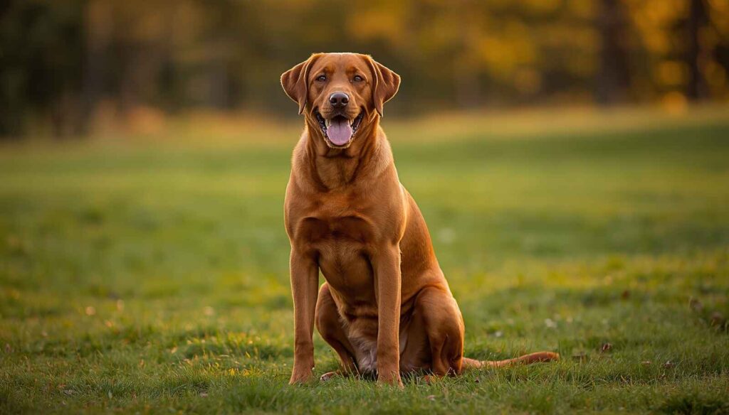 Fox Red Labrador sitting in a green field during sunset with a shiny red coat