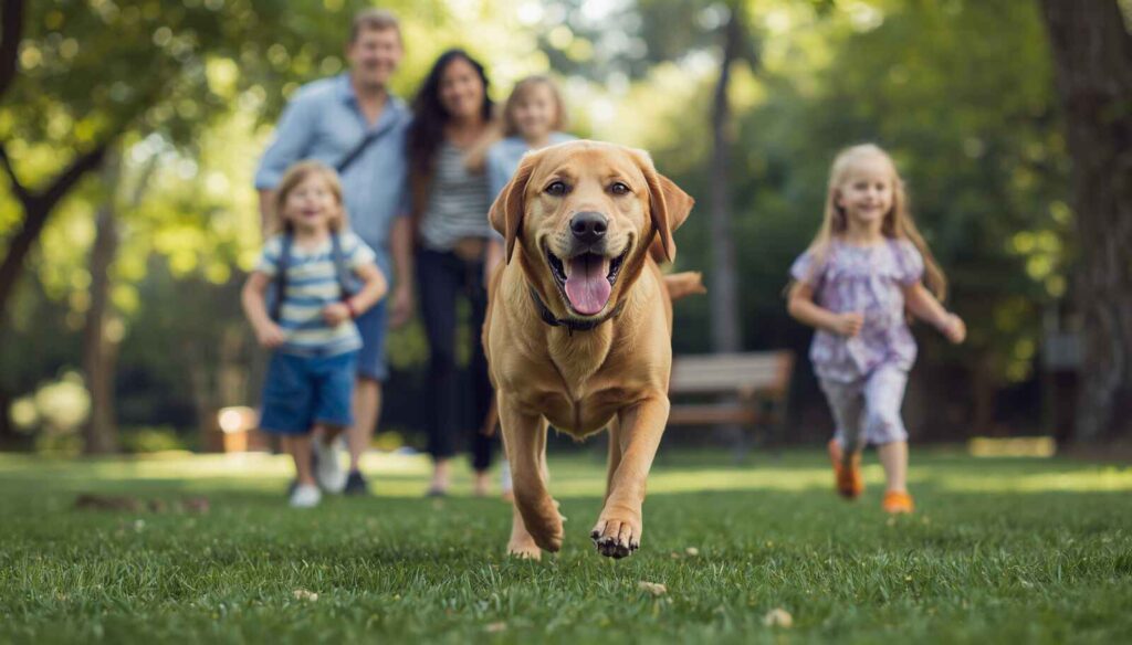 Friendly Fox Red Labrador playing happily with a family and children in a park