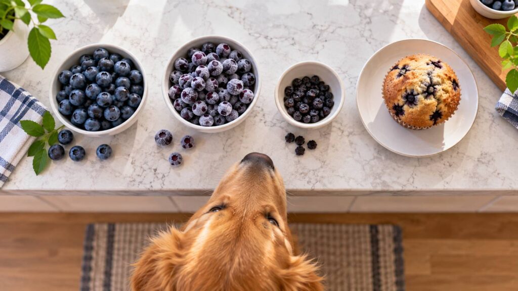 Fresh, frozen and dried blueberries beside a blueberry muffin for comparison