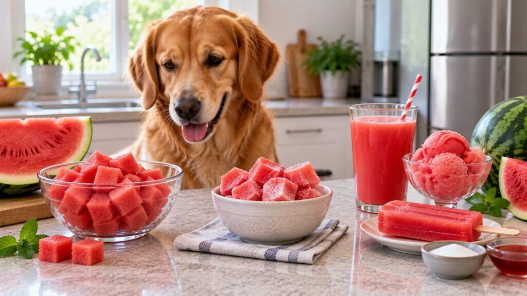 Fresh watermelon cubes, frozen pieces, juice, sorbet and a popsicle compared beside a dog